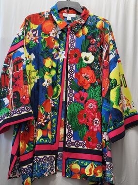 David Meister Vibrant Multicolor Floral & Fruit Print Blazer